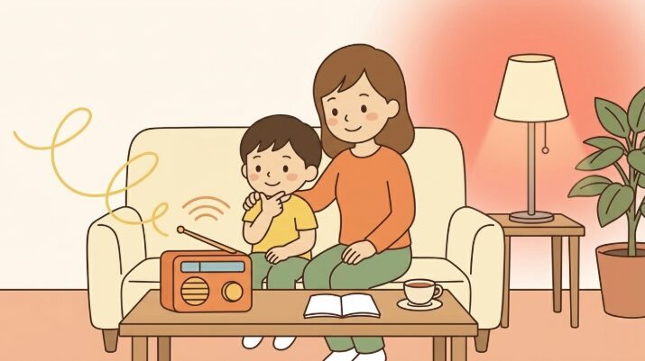 英語のラジオを家庭学習の相棒として続ける親子の温かいシーンのイラスト