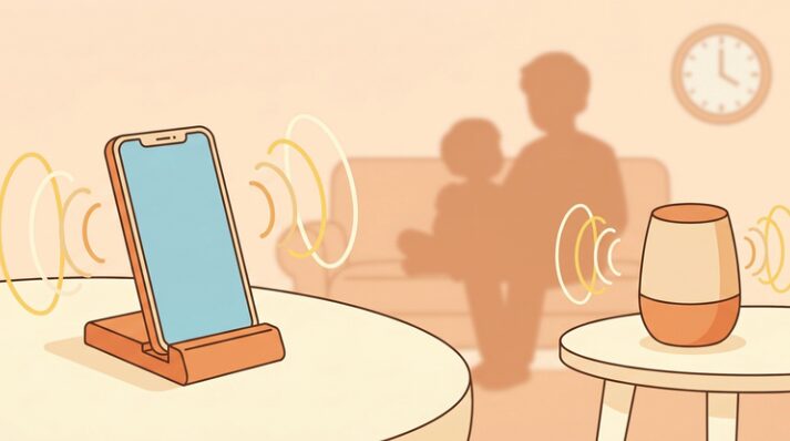 スマートフォンとスマートスピーカーで英語のラジオを聞いている家庭の様子