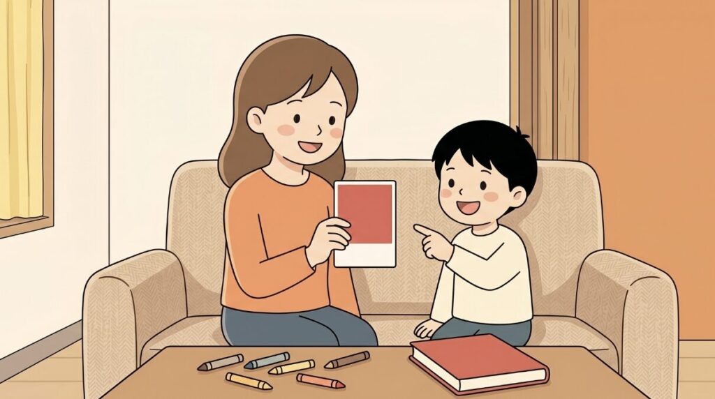 お母さんと色のカードで英語に親しむ男の子
