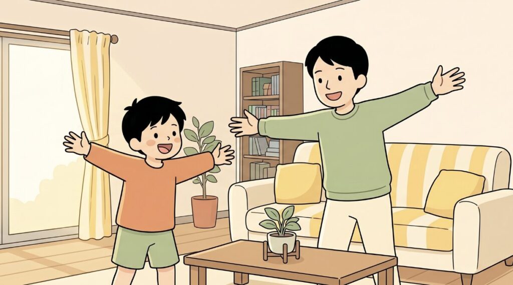 お父さんと一緒に体を動かして英語の歌を楽しむ男の子