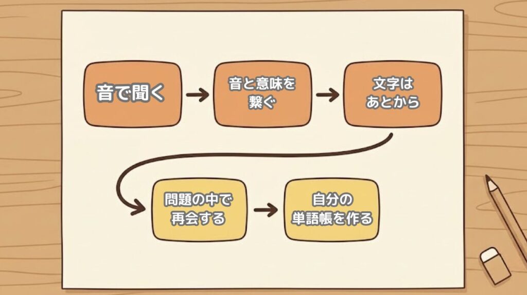 英検5級から4級、小学6年生での3級合格へ単語の土台を積み上げる階段のイメージ図