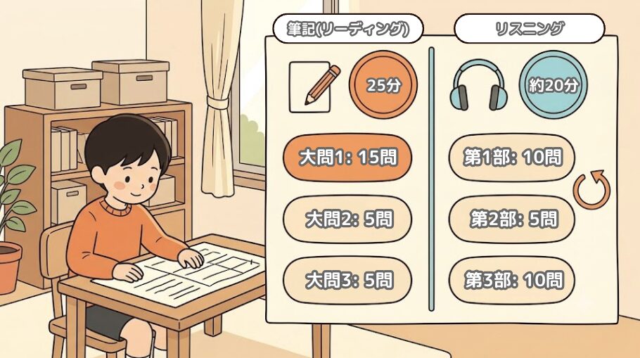 英検5級一次試験の構成図。筆記25分・大問1〜3、リスニング約20分・第1〜3部、合計50問