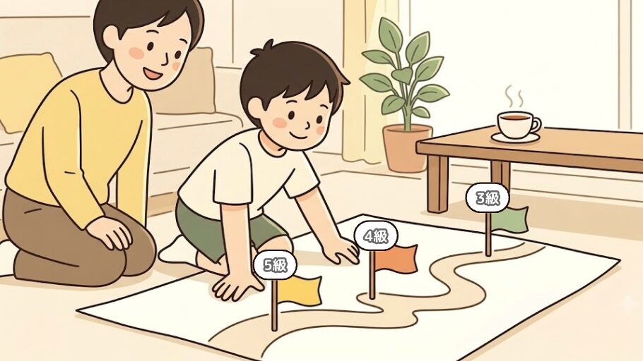 5級から4級・3級へと一段ずつ進み小6で3級を目指す道すじの図