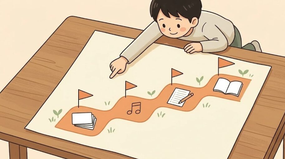 英検5級合格までの学習の順番の図解。単語→リスニング→問題形式→過去問の4ステップ