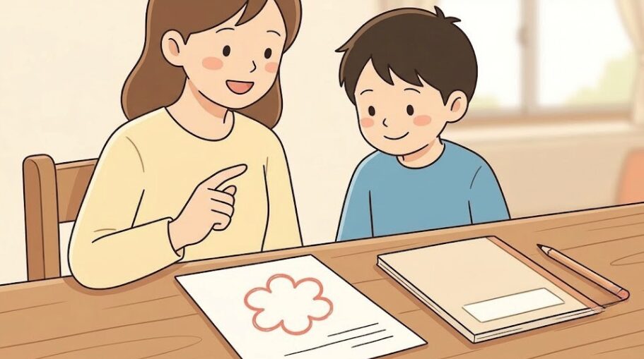 英検5級の学習を見守り声をかける保護者と小学生