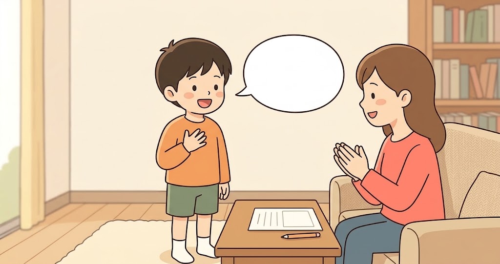 会話の決まり文句を子どもが声に出し、保護者が聞いて練習につき合う場面のイラスト