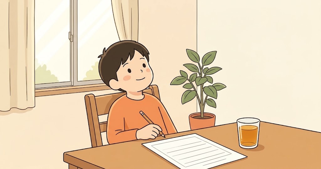 英検5級の大問1を解き終えた子どもが、次の大問へ進む前にひと息ついているイラスト