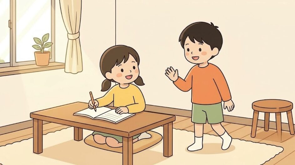 例題1の場面イラスト。机に向かってノートを開く女の子に、男の子が横から声をかけている
