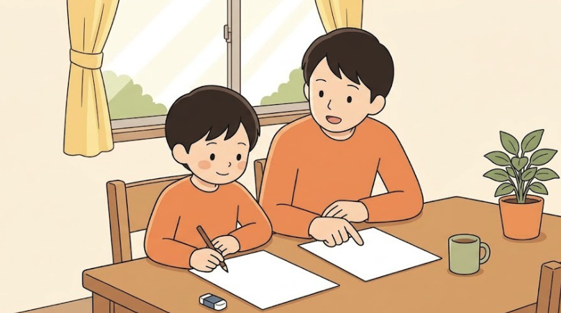 食卓で子どもが鉛筆を持って問題を解き、となりに座った保護者が紙を指さしながら一緒に答え合わせをしている場面