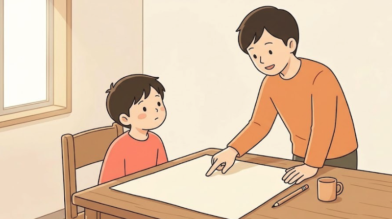 英検5級の単語問題を解いた子どもに、保護者が家庭で答え合わせにつき合っている場面のイラスト