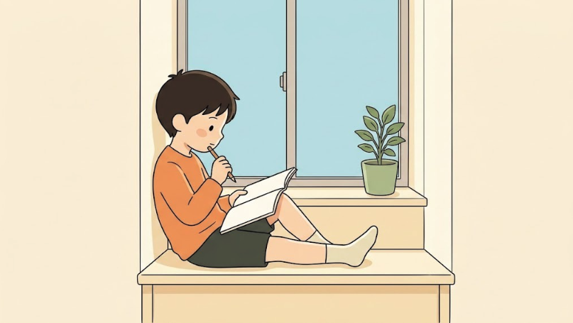 英検5級の大問1でまちがえた問題を見直し、次に何をするか考えている子どものイラスト