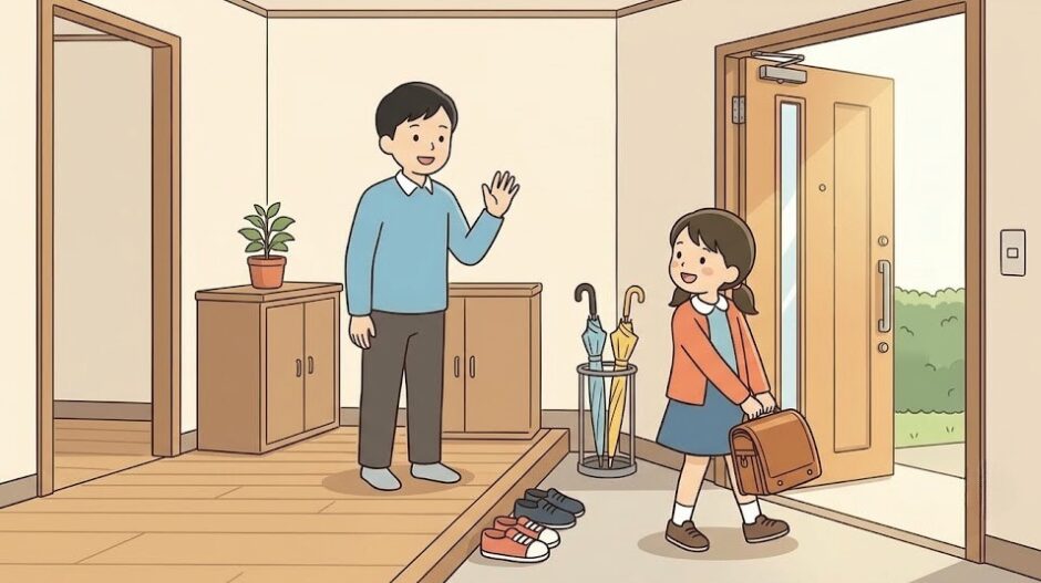 例題2の場面イラスト。玄関でカバンを持った女の子を、お父さんが見送っている朝の場面