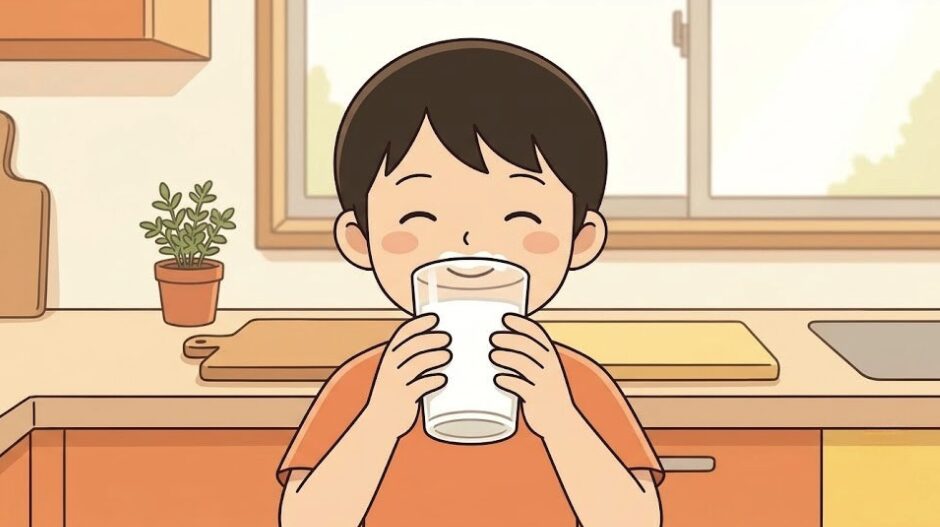例題3のイラスト。台所で男の子が白い牛乳の入ったコップを口に運んで飲んでいる