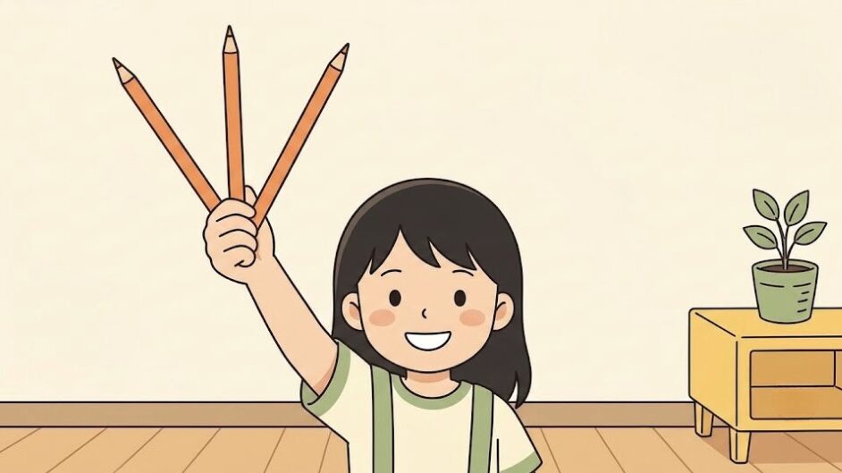 例題4のイラスト。女の子が3本のえんぴつを手に持ち、1本ずつはっきり見分けられる