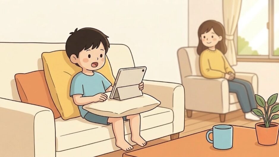 英検5級のスピーキングテストの様子。子どもがソファでタブレット端末に向かって話している