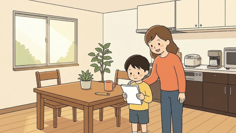 ダイニングでプリントを持つ小学生に、保護者が寄り添って見守っているイラスト
