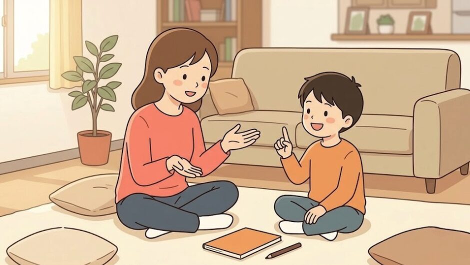 英検5級リスニングの疑問を話し合う親子。床に向かい合って座り、子どもが答えている場面