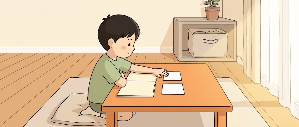 リビングのローテーブルで無地のノートとカードに向かい、文法と単語を整理する小学生