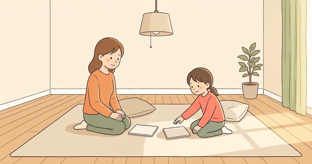 ラグの上で向かい合う親子と、並べた二冊の冊子から一冊を選ぼうとする小学生
