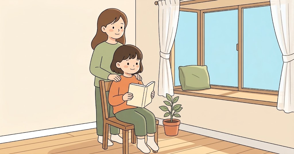 窓辺の椅子で無地の本を持ち顔を上げる小学生と、うしろから肩に手を添える保護者