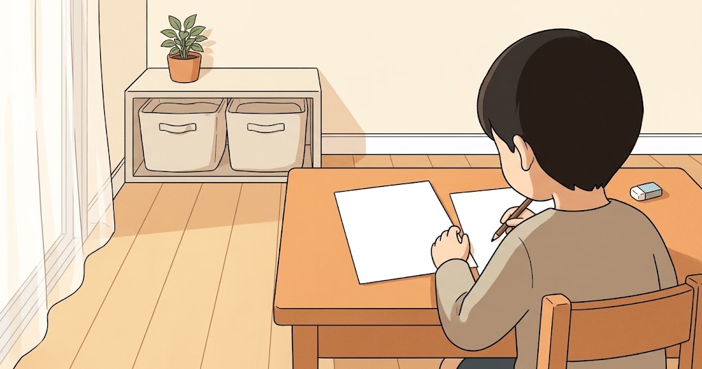 学習机で白紙の問題用紙と鉛筆を前にして、試験の形をたしかめる小学生