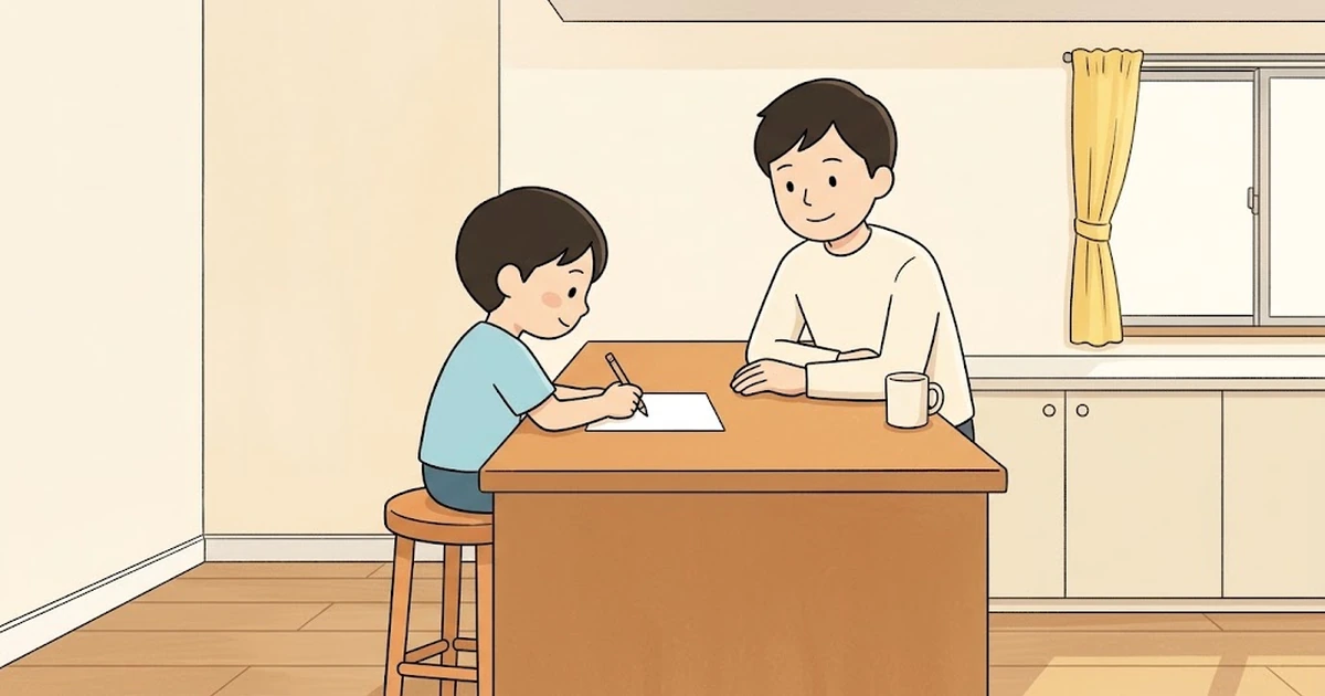 台所のカウンターで無地の紙に書き込む小学生と、カウンターの向こうから見守る保護者