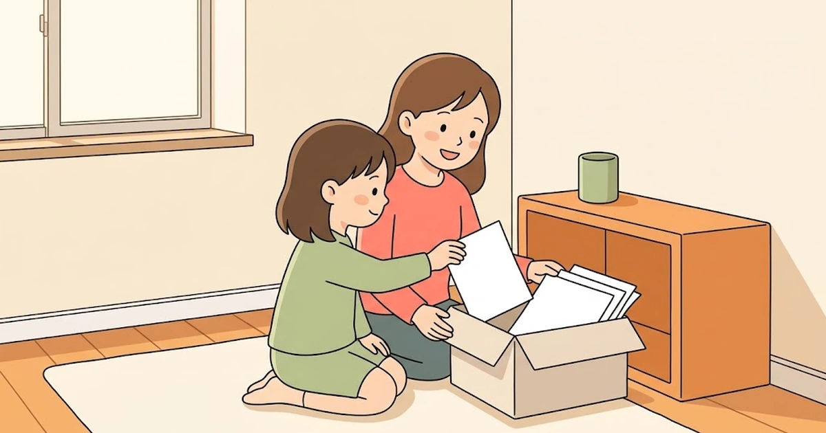 子ども部屋の低い棚の前で、見直し用の無地のプリントを箱にしまう小学生と保護者