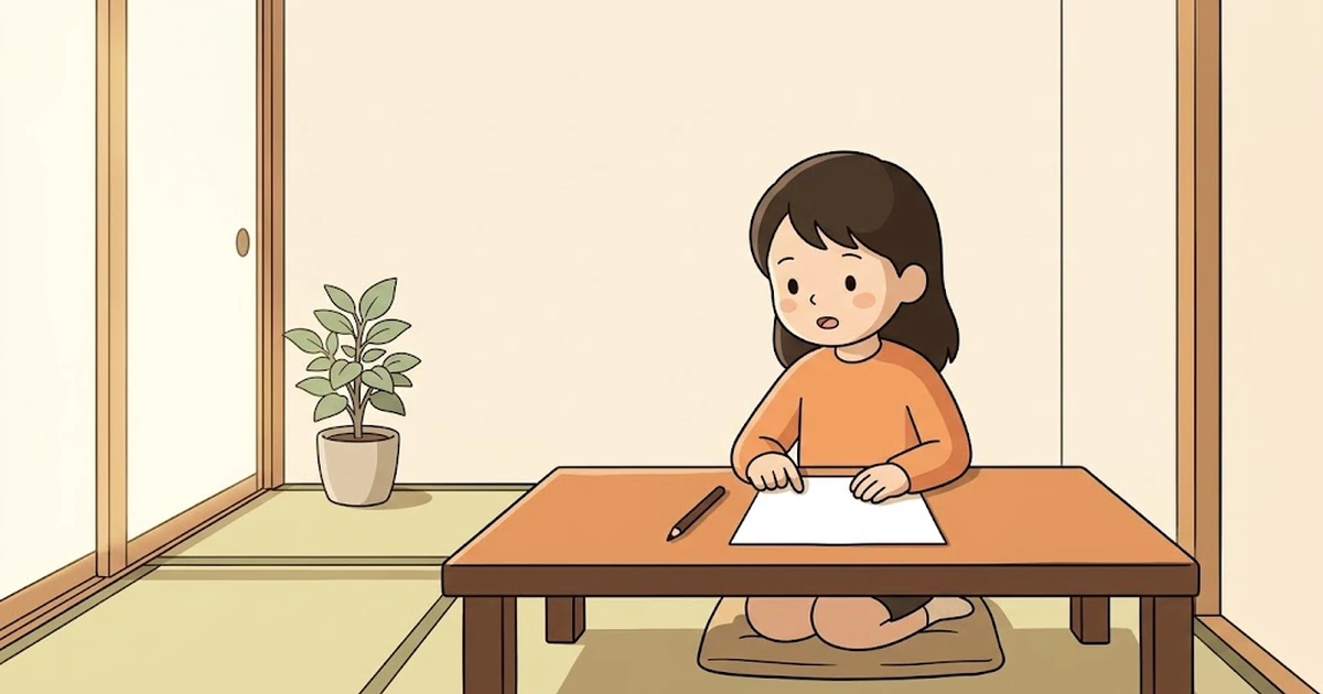 和室の座卓で、無地の紙に指先を置き、英語の言葉を小声で確かめる小学生