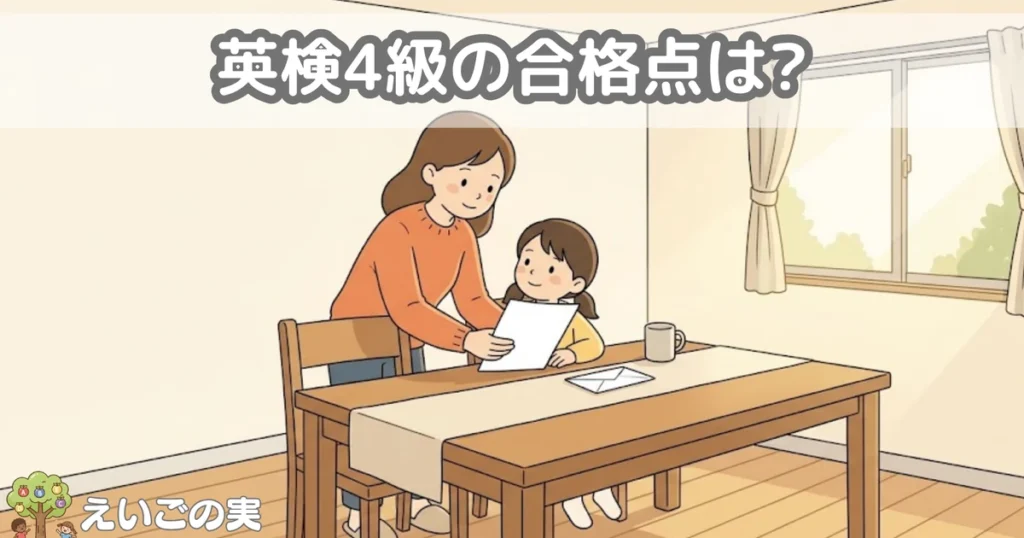 ダイニングで無地の紙を子どもに見せながら一緒に読む保護者。英検4級の結果を家庭で確かめる場面