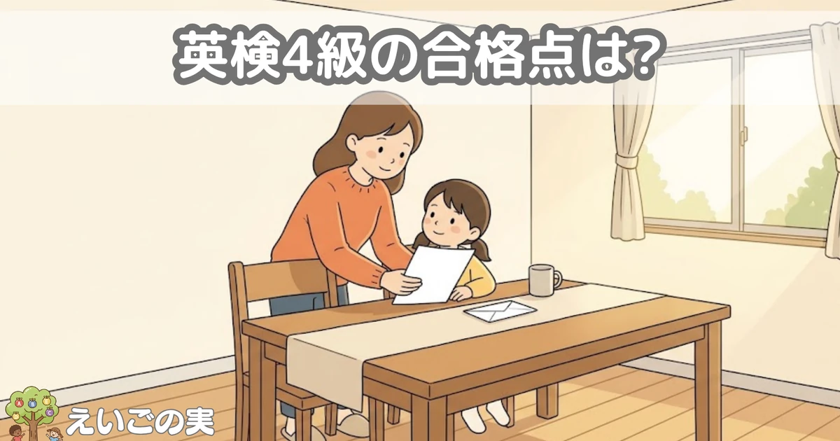 ダイニングで無地の紙を子どもに見せながら一緒に読む保護者。英検4級の結果を家庭で確かめる場面