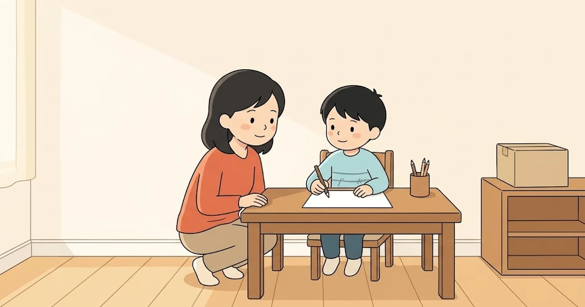 子ども部屋の机で無地のプリントに向かう小学生と、横にしゃがんで同じ高さで見る保護者
