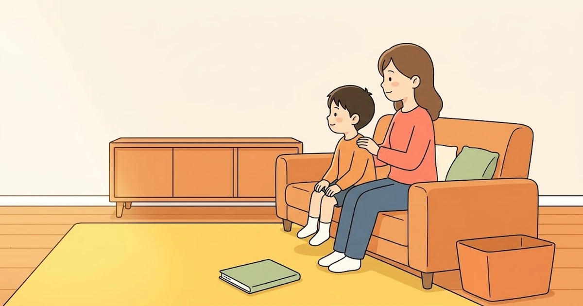 リビングのソファに親子で並んで座り、同じ方向を見ながら次の回に向けて話す場面のイラスト