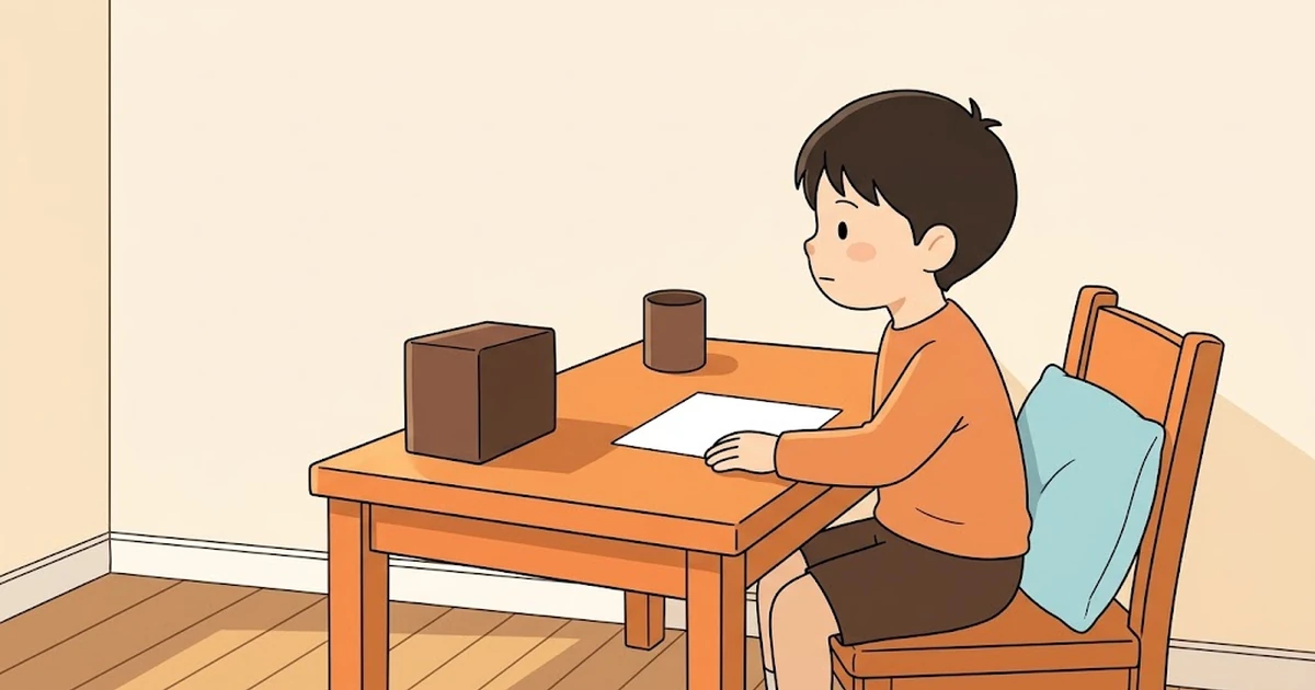 子ども部屋の机で、小さなスピーカーから流れる音源に耳を傾ける小学生。手元には無地の紙