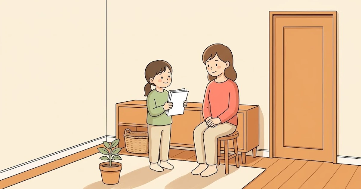 リビングで無地の紙の束を手にした小学生と、スツールに腰かけて見守る保護者。次へ進む場面