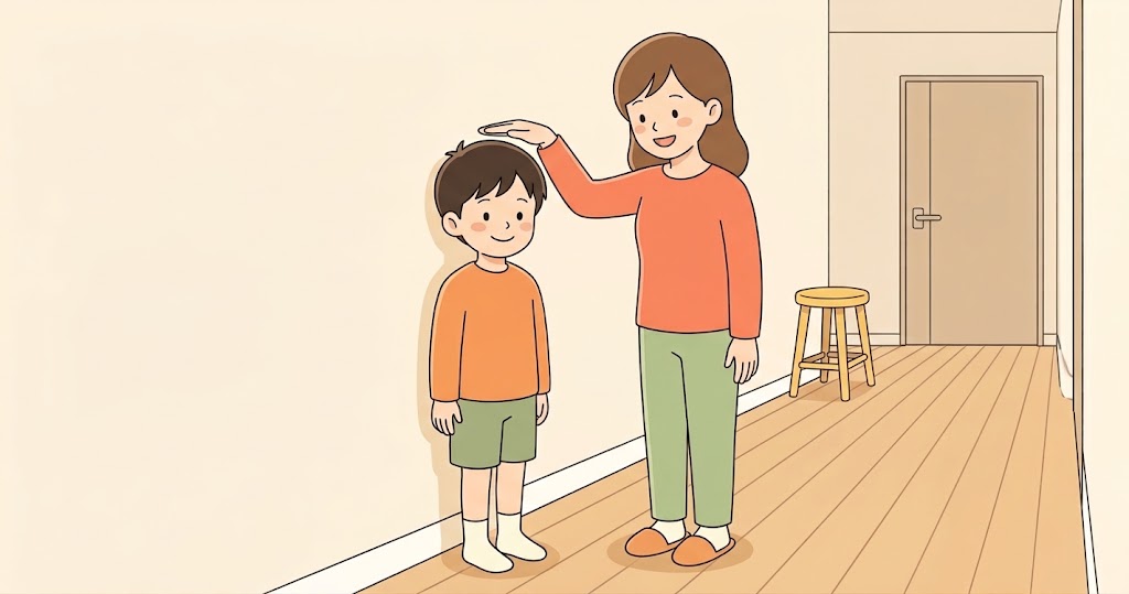 廊下の無地の壁の前で背比べをする小学生と保護者。学年ではなく理解度で見る場面