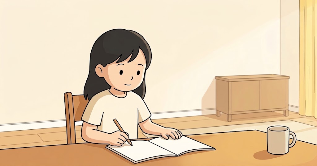 ダイニングのテーブルで無地のノートに鉛筆で書く小学生。家庭でレベルを確かめる場面