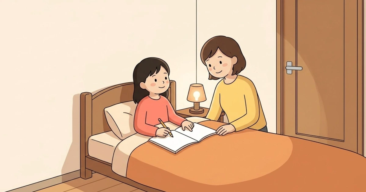 寝室のベッドで開いたノートを見る小学生と、そばでのぞき込む保護者