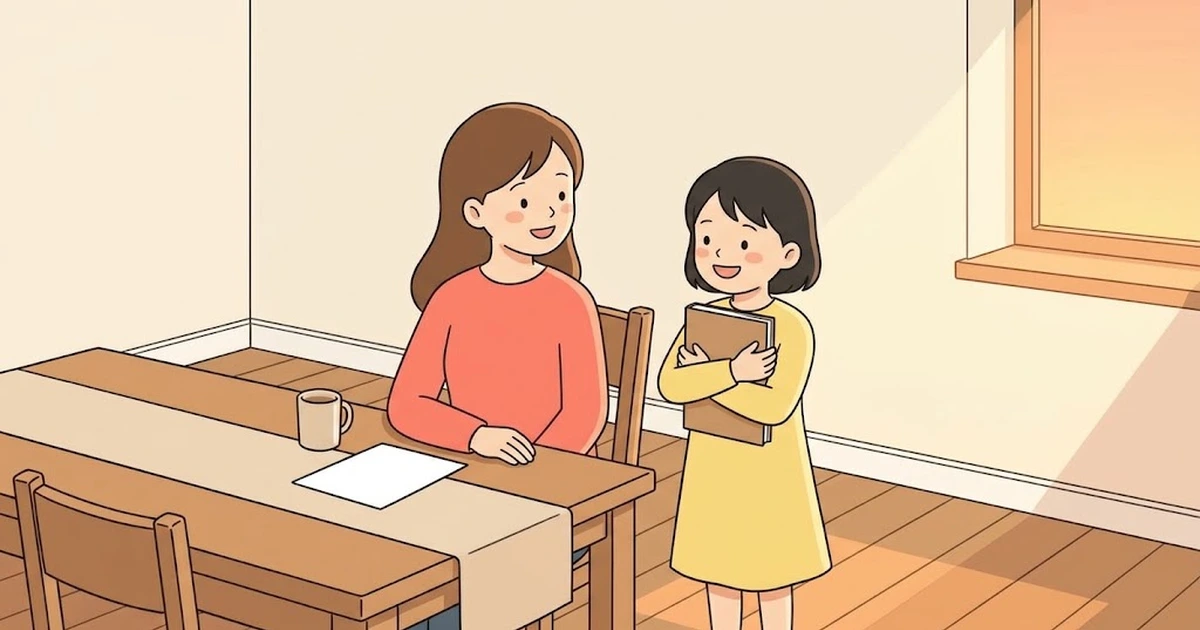 ダイニングで、自分の単語帳を胸に抱えてほほえむ小学生と、テーブルについてほほえむ保護者