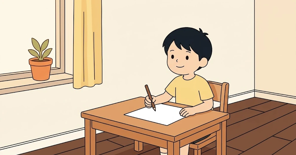 リビングの窓ぎわの勉強机で、鉛筆を止めて例題の答えを考える小学生