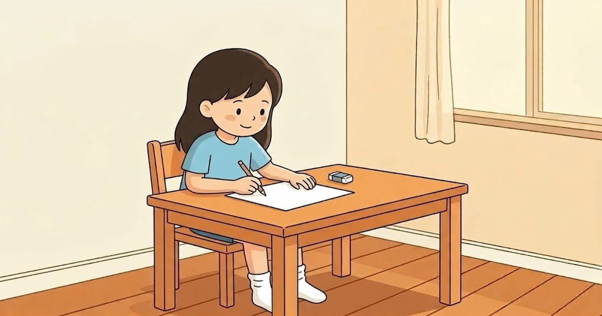 子ども部屋の学習机に向かい、鉛筆を手に例題の問題に取り組む小学生