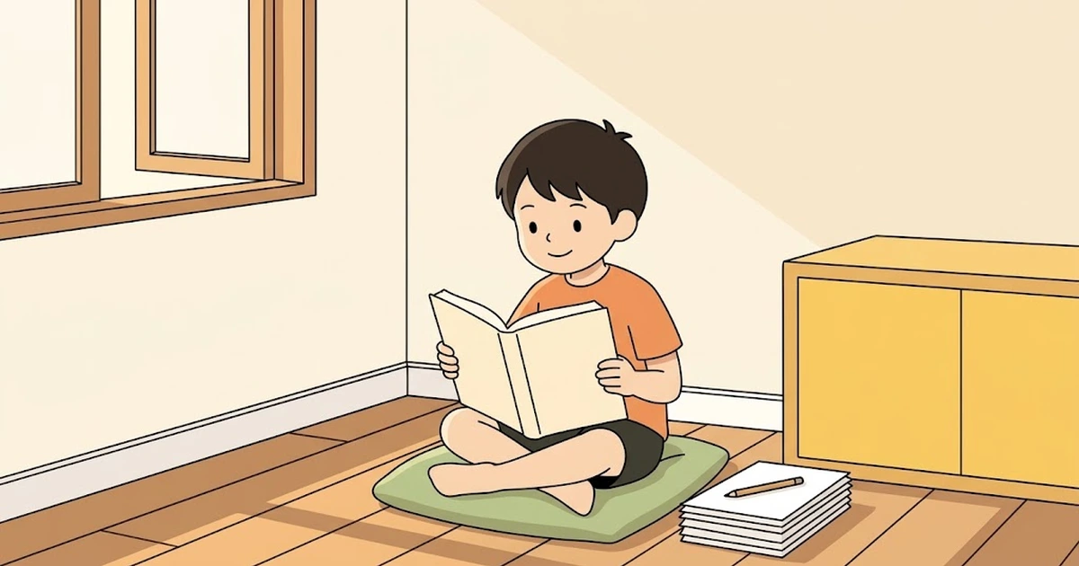 リビングの窓ぎわの床に座り、自分の単語帳と解き終えた紙を落ち着いて見直す小学生