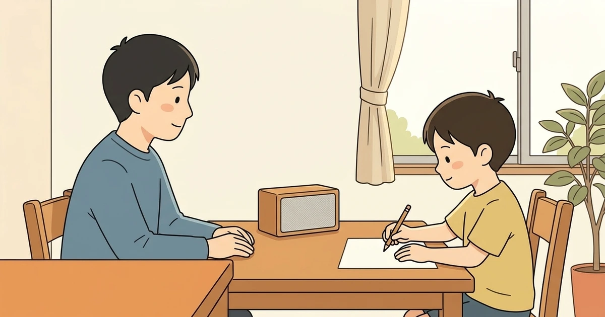 テーブルの小さなスピーカーから流れる英語を、紙の上で鉛筆を動かしながら聞く男の子と父