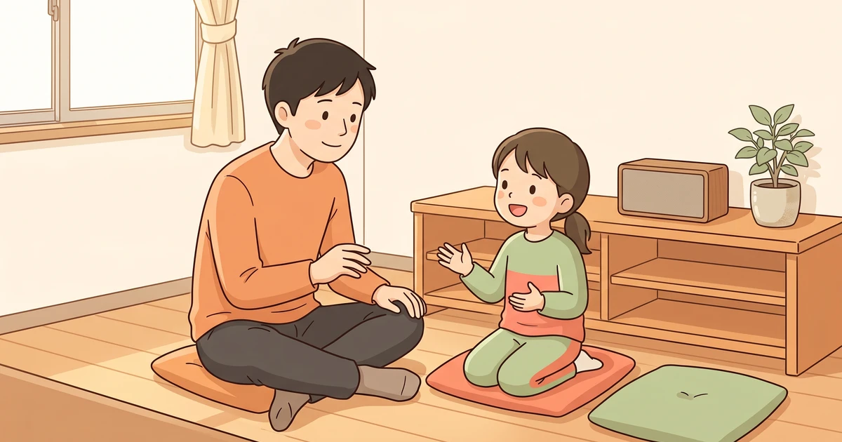 聞き終えた英語が何の話だったかを、手ぶりを交えて父に話す女の子