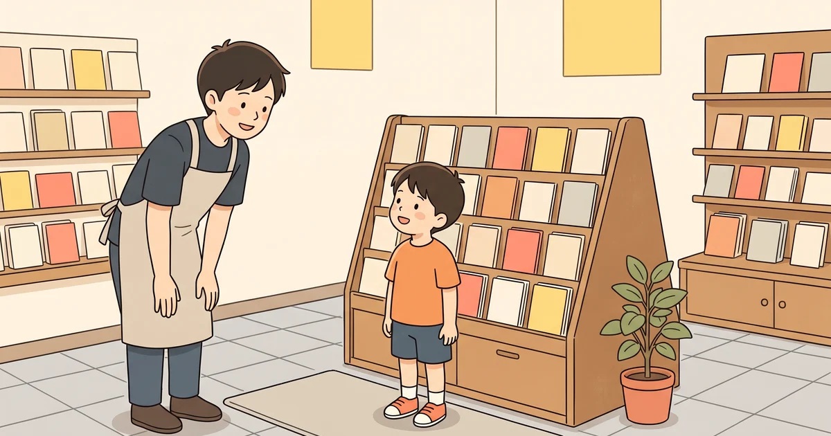 小さな店のカード売り場で、エプロンの店員が男の子に声をかけている場面