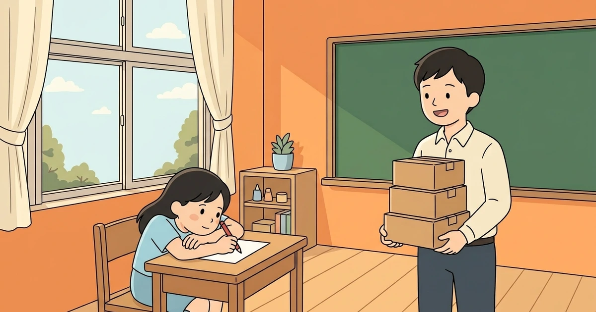 教室で、段ボール箱をかかえた先生が、机で絵をかいている女の子に話しかける場面