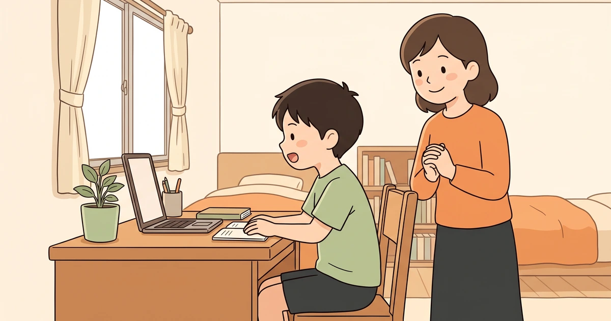 ノートパソコンに向かって声に出して答える男の子と、うしろで見守る母