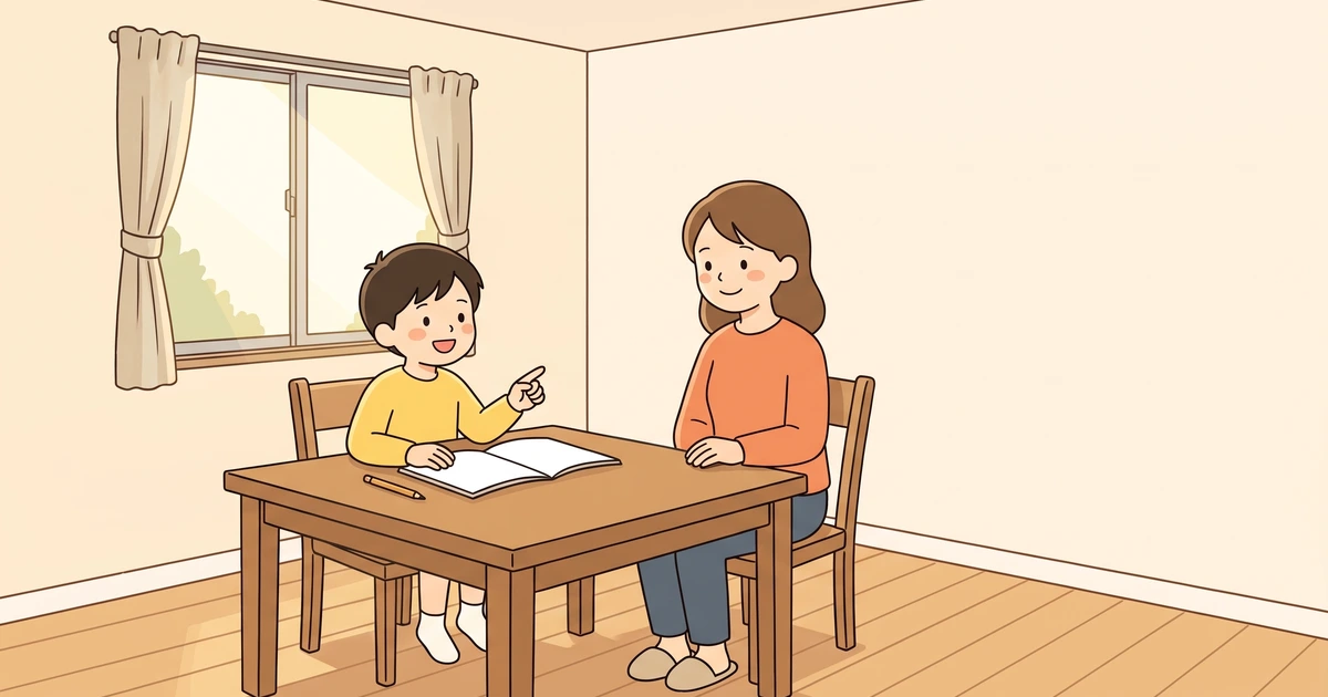 ダイニングのテーブルでノートに手を置き、次に読むページを保護者と選ぶ小学生