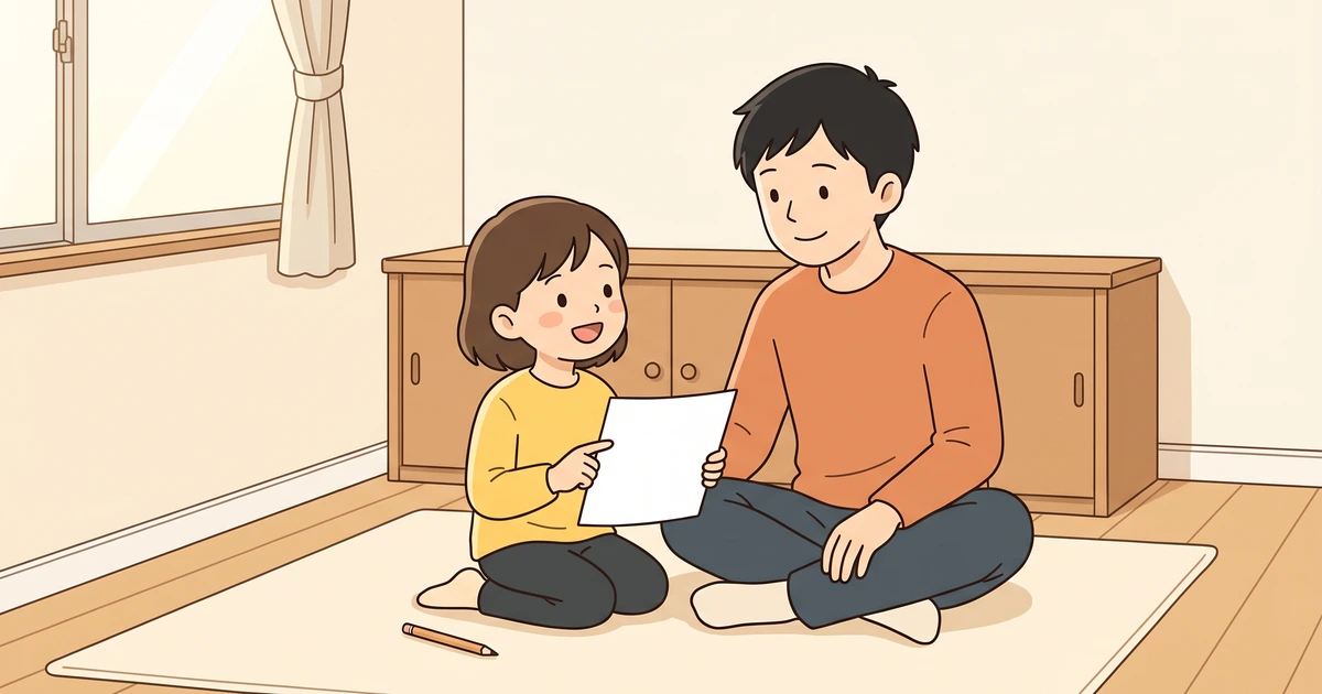 子ども部屋のラグで、解き終えた紙を指して次に開くページを保護者と話す小学生