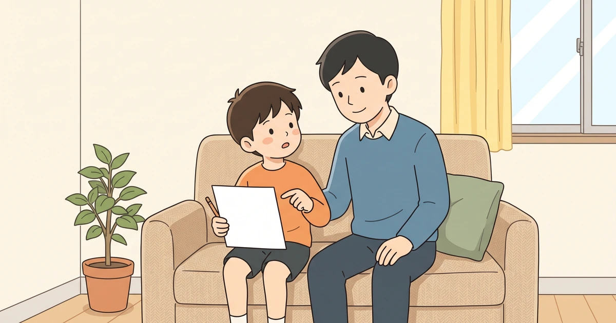 リビングのソファで無地の紙を指さしながら、次に開くページを保護者と決める小学生