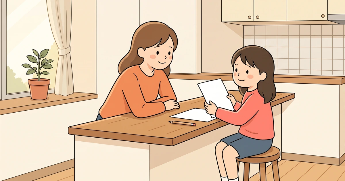 台所のカウンターで、まちがえた問題の英文を声に出して読む小学生と、身を乗り出して聞く保護者